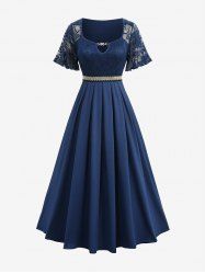Plus Size Flower Lace Panel A Line Evening Dress with Removable Belt -  