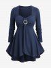 Haut texturé à manches longues et ourlet tulipe froncé et leggings patchwork en résille ajourée à motif tête de mort - Tenue grande taille - Bleu profond 