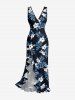 Robe hawaïenne à imprimé feuilles et fleurs d'hibiscus, volants et fente cache-cœur - Bleu profond XS