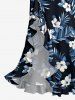 Robe hawaïenne à imprimé feuilles et fleurs d'hibiscus, volants et fente cache-cœur - Bleu profond XS