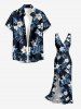 Robe hawaïenne à imprimé feuilles et fleurs d'hibiscus, volants et fente cache-cœur - Bleu profond XS