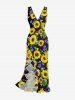 Sunflower Print Hawaii Ruffles Split Dress -  