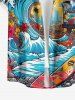 Plus Size Sea Waves Coconut Tree Flower Bus Sun Print Buttons Pocket Hawaii Shirt For Men -  