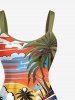 Robe débardeur hawaïenne grande taille à imprimé vagues, cocotiers, fleurs, bus et soleil - Bleu Ciel L