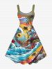 Robe débardeur hawaïenne grande taille à imprimé vagues, cocotiers, fleurs, bus et soleil - Bleu Ciel L