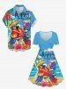 Plus Size Parrot Fruit Juice Hibiscus Flower Seascape Print Cinched Hawaii Dress -  