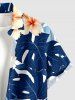 Plus Size Tropical Leaf Hibiscus Flower Print Hawaii Button Pocket Shirt For Men -  