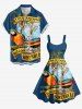Robe trapèze hawaïenne imprimée cocotiers et perroquets grande taille - Bleu profond 3X
