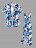 Robe hawaïenne à imprimé floral d'hibiscus et feuilles tropicales, fendue et à volants, style hawaïen - Bleu S