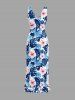 Robe hawaïenne à imprimé floral d'hibiscus et feuilles tropicales, fendue et à volants, style hawaïen - Bleu S