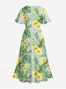 Robe midi trapèze grande taille à imprimé floral tropical et hibiscus, style hawaïen, avec poches fendues - Vert 3X