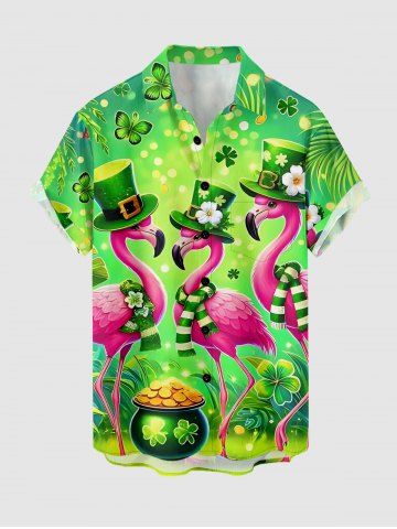 Chemise grande taille pour homme, motif flamant rose, papillon, fleurs et clous de girofle, avec poches et boutons, idéale pour la Saint-Patrick. - GREEN - 6XL