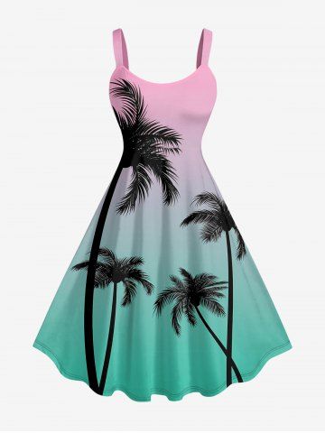 Plus Size Coconut Tree Ombre Print Hawaii Tank Dress - PINK - 3X