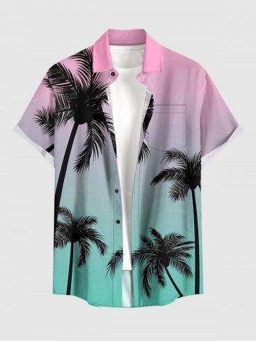 Plus Size Coconut Tree Ombre Print Buttons Pocket Hawaii Shirt For Men - PINK - M
