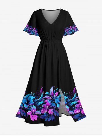 Robe mi-longue hawaïenne fendue à imprimé floral et feuilles grande taille - BLACK - 2X