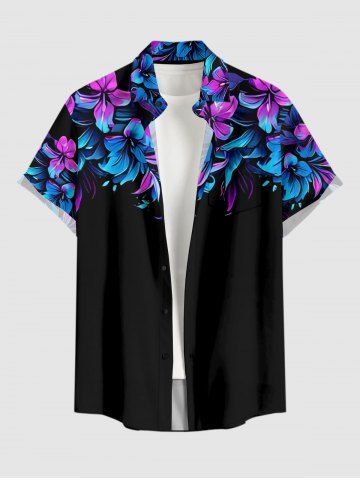Plus Size Flowers Leaf Print Buttons Pocket Hawaii Shirt For Men - BLACK - 2XL