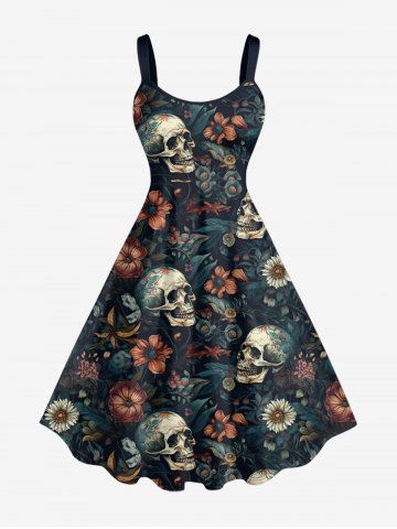 Plus Size Skulls Flowers Print Hawaii Tank Dress