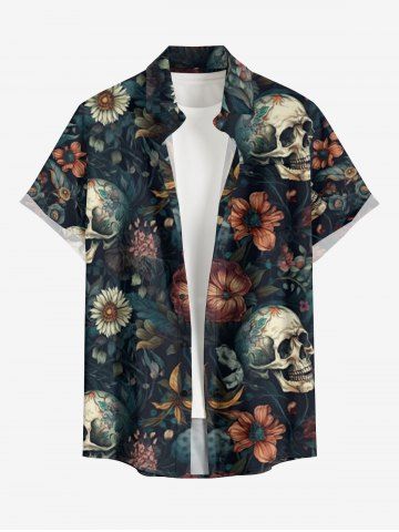 Chemise hawaïenne grande taille pour homme, à imprimé fleurs et têtes de mort, boutons et poche. - DEEP BLUE - S