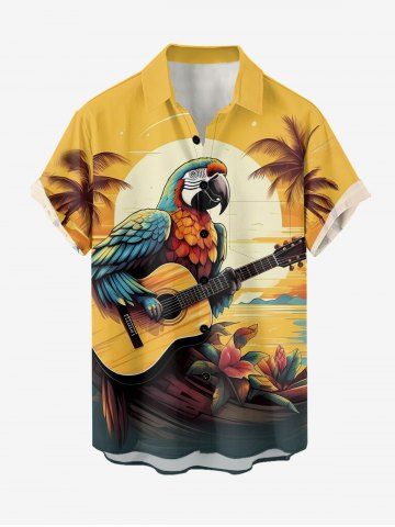 Chemise hawaïenne grande taille pour homme, imprimée perroquet, cocotier, fleurs et soleil, paysage marin, boutons et poche. - YELLOW - XL