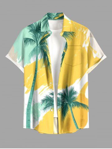 Plus Size Coconut Tree Graffiti Colorblock Print Buttons Pocket Hawaii Shirt For Men - YELLOW - M