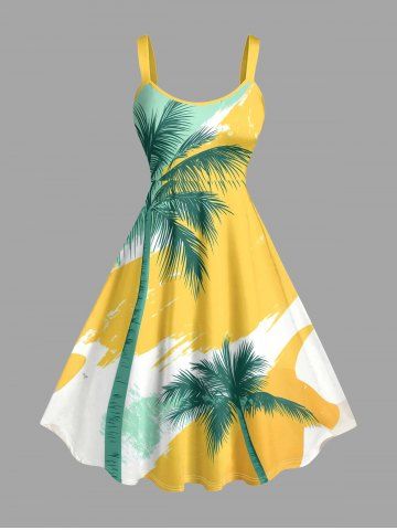 Plus Size Coconut Tree Graffiti Colorblock Print Hawaii Tank Dress - YELLOW - 1X