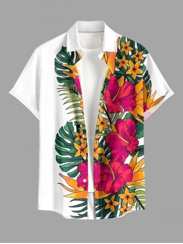Chemise hawaïenne grande taille pour homme, à imprimé floral tropical et feuilles d'hibiscus, boutons et poche. - WHITE - 3XL
