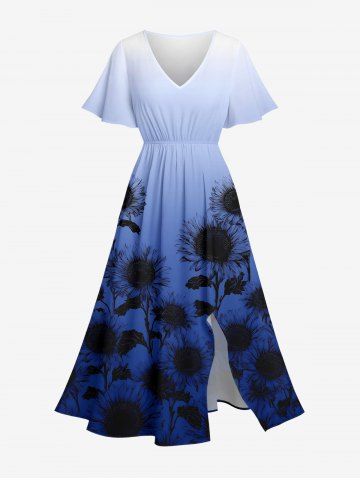 Robe mi-longue fendue à imprimé tournesols ombré grande taille style hawaïenne - DEEP BLUE - XS