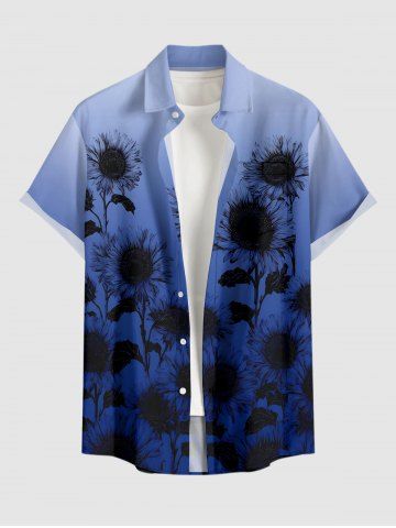 Chemise hawaïenne grande taille pour homme, imprimé tournesols ombré, boutons et poche. - DEEP BLUE - 3XL