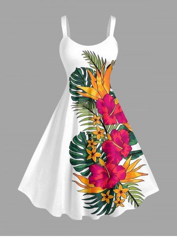 Robe débardeur hawaïenne à imprimé feuilles tropicales et fleurs d'hibiscus grande taille - WHITE - 2X