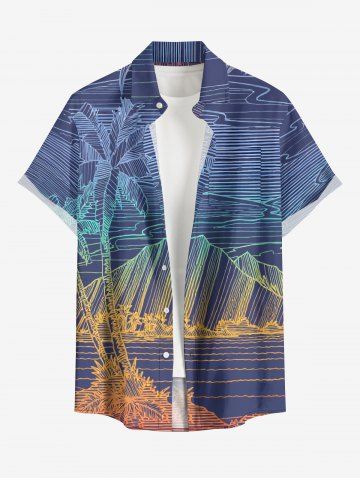 Plus Size Coconut Tree Mountain Sea Ombre Line Print Hawaii Button Pocket Shirt For Men - PURPLE - 6XL