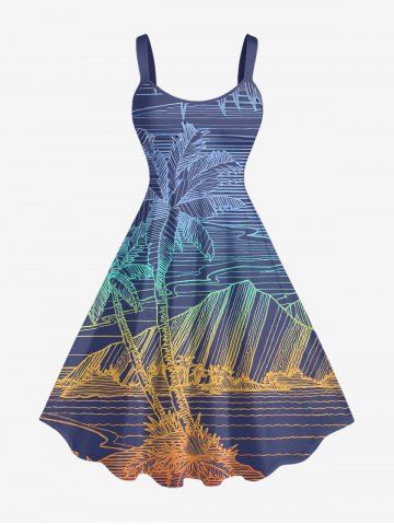 Plus Size Coconut Tree Mountain Sea Ombre Line Print Hawaii A Line Dress