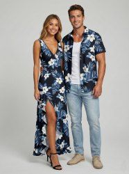 Hibiscus Flowers Leaf Print Matching Hawaii Beach Outfit For Couples -  