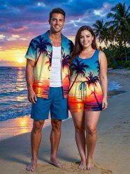 Matching Hawaii Shirt and Romper Beach Outfit Coconut Tree Sea Ombre Dusk Sunset Printed for Couples -  