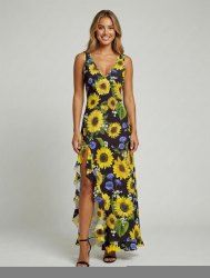 Robe hawaïenne à imprimé tournesol et volants fendue - Jaune XL