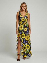 Sunflower Print Hawaii Ruffles Split Dress -  
