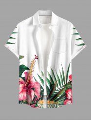 Chemise à poches boutons grande taille pour homme, imprimée de fleurs d'hibiscus et de feuilles tropicales, style hawaïen. - Blanc M