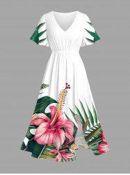 Plus Size Tropical Leaf Hibiscus Flower Print Hawaii Split Pocket A Line Midi Dress -  
