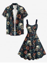 Ensemble de plage hawaïen assorti grande taille à imprimé têtes de mort et fleurs pour couples - Bleu profond 