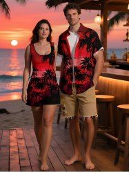 Matching Hawaii Shirt and Romper Beach Outfit Coconut Tree Ombre Sky Print For Couples -  