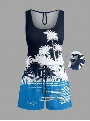 Plus Size Coconut Tree Sea Colorblock Print Cinched Hawaii Romper -  