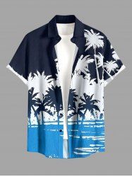Plus Size Coconut Tree Sea Colorblock Print Buttons Pocket Hawaii Shirt For Men -  
