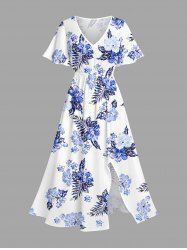 Plus Size Hibiscus Flower Leaf Print Split Hawaii Midi Dress -  