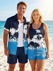 Matching Hawaii Shirt and Romper Plus Size Beach Outfit Coconut Tree Sea Colorblock Printed for Couples -  