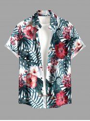 Plus Size Hibiscus Flower Tropical Leaf Print Buttons Pocket Hawaii Shirt For Men -  