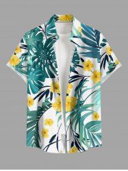 Chemise hawaïenne grande taille pour homme, à imprimé floral tropical et feuilles, boutons et poche. - Vert M