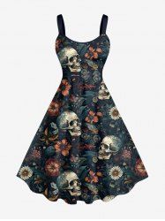 Robe débardeur hawaïenne grande taille à imprimé têtes de mort et fleurs - Bleu profond 3X