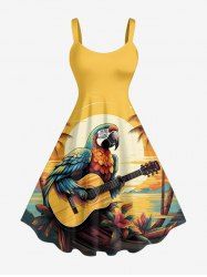 Robe débardeur grande taille à imprimé perroquet, cocotier, fleurs, soleil et paysage marin, style hawaïen - Brun Doré 6X