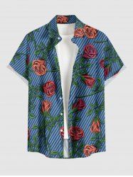 Chemise hawaïenne grande taille pour homme, à rayures et imprimé roses, boutons et poche. - Bleu profond L