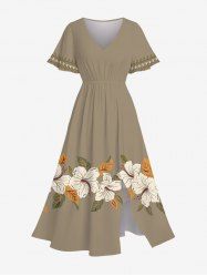 Plus Size Hibiscus Flower Leaf Print Split Hawaii Midi Dress -  