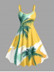 Robe débardeur hawaïenne grande taille à imprimé graffiti cocotier et colorblock - Jaune 1X
